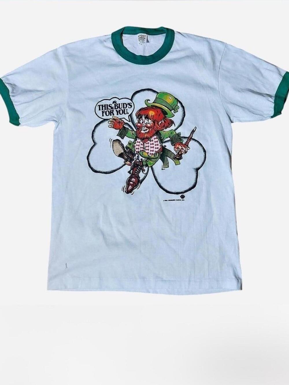 Vintage 80's Budweiser 1986 Ringer Shirt Beer party single stitch green  SzM